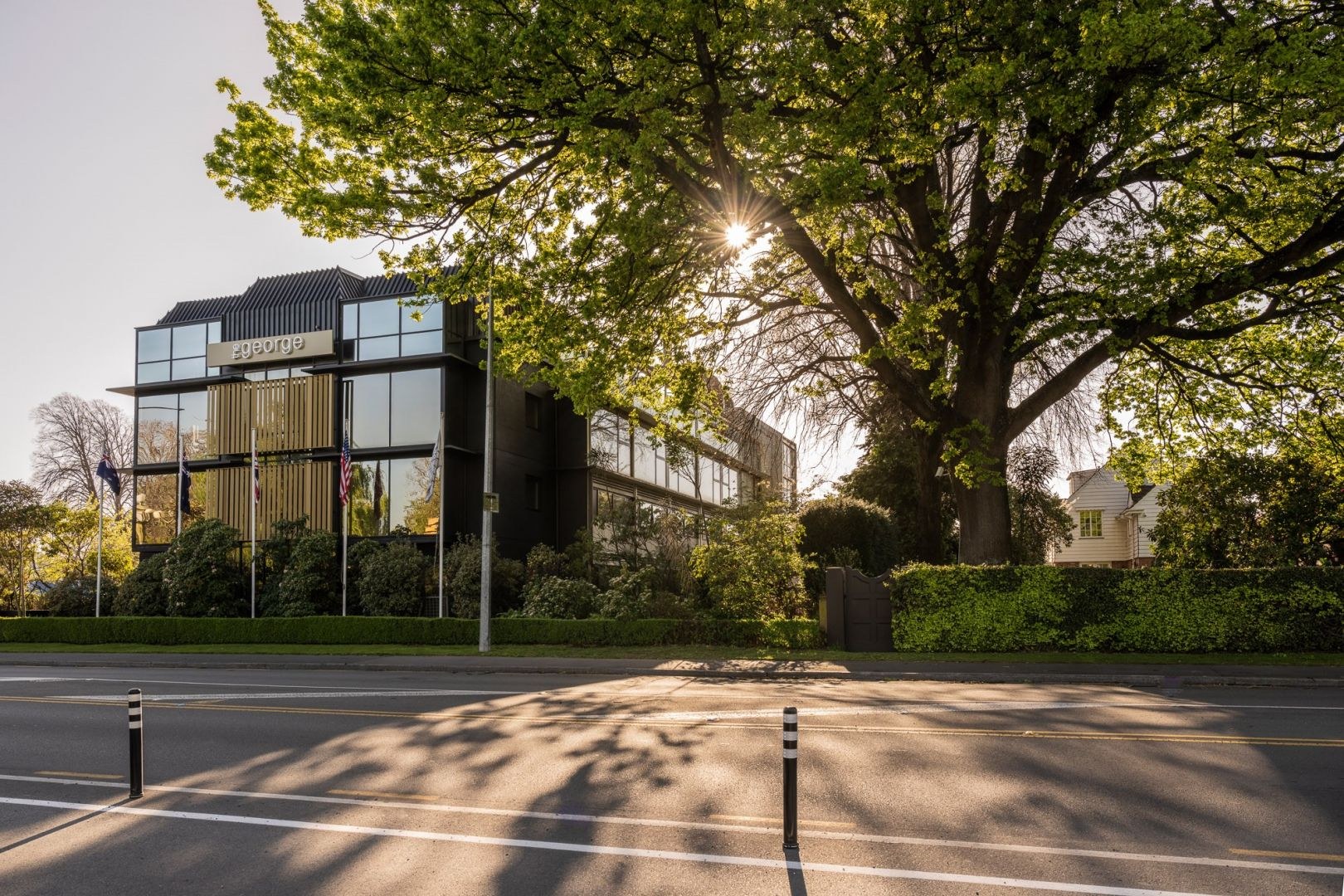 The George hotel exterior on Park Terrace, Christchurch, beside Hagley Park