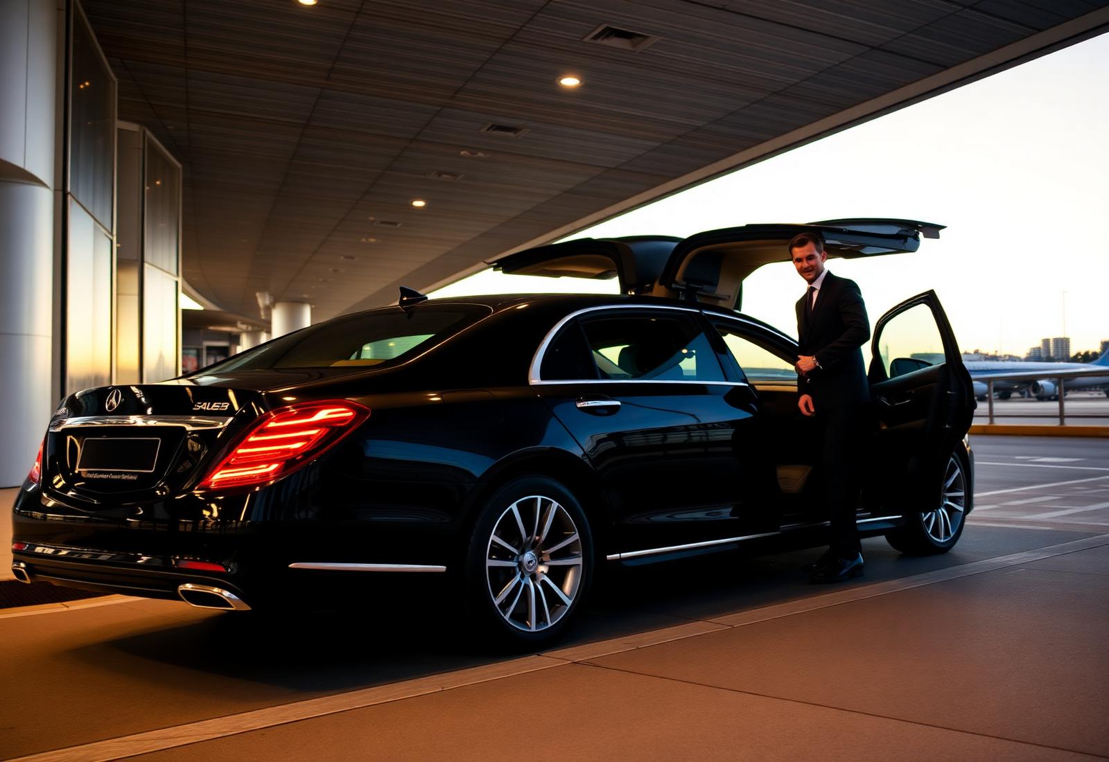 A black luxury chauffeur sedan waiting kerbside at an airport terminal at dusk