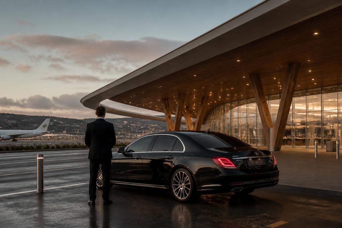 A luxury black sedan at Wellington Airport terminal with chauffeur at dusk