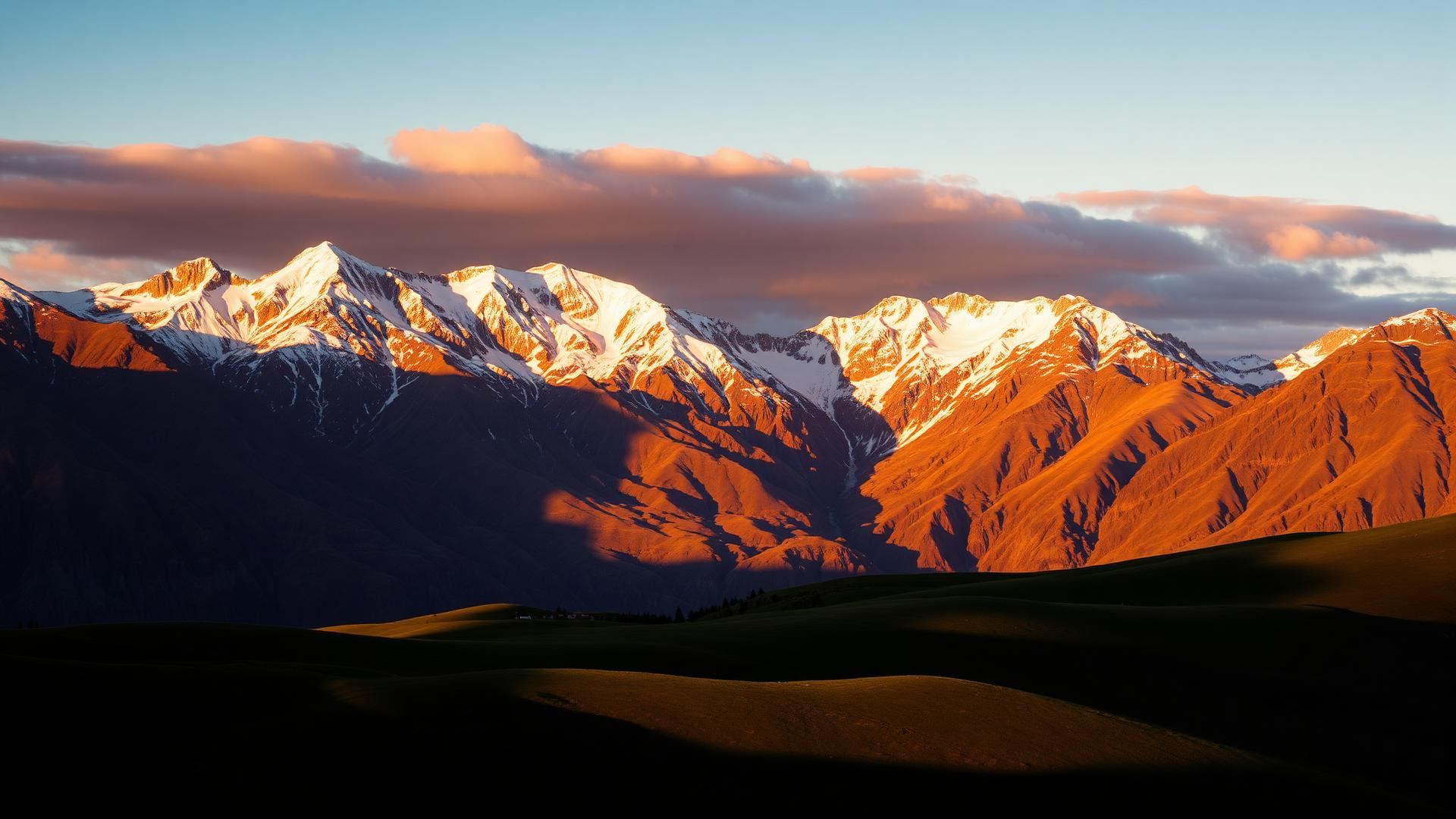 New Zealand Southern Alps at golden hour